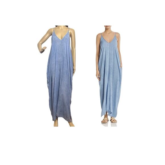 Elan Maxi Dress Womens Small Vneck Sleeveless Spaghetti Strap Washed Blue Pocket - Picture 1 of 5
